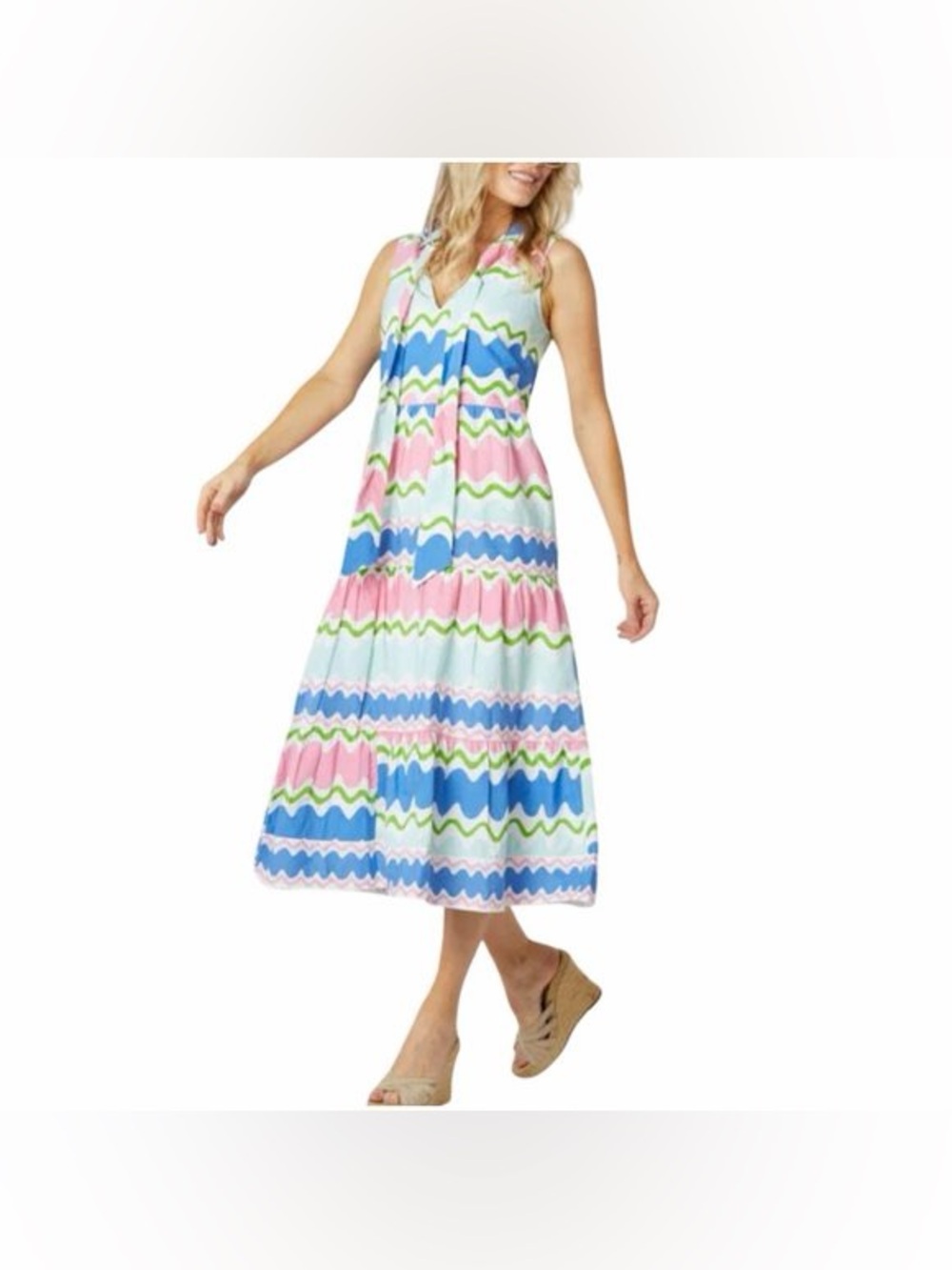 NWT Sail to Sable Bow Front Wave Print Tiered Midi Dress, Size Small